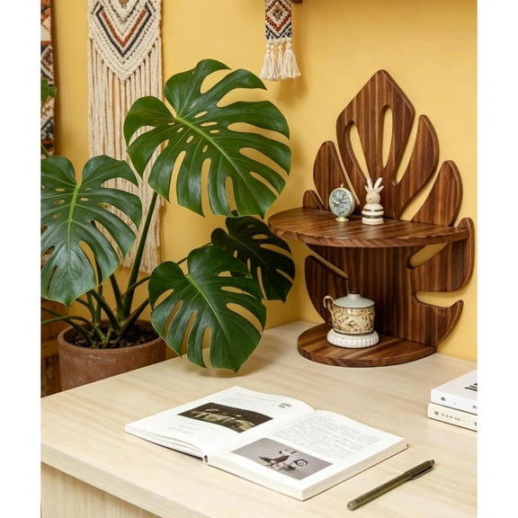 Palm Leaf Wall Shelf, 2 Tier Wood Floating Shelf for Plants, Books and Bedroom Decor