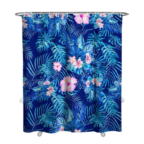 Palm Leaf and Exotic Floral Shower Curtain, Boho Tropical Hawaiian Jungle Design, Vibrant Summer Beach Bathroom Decor, Waterproof Fabric with Hooks