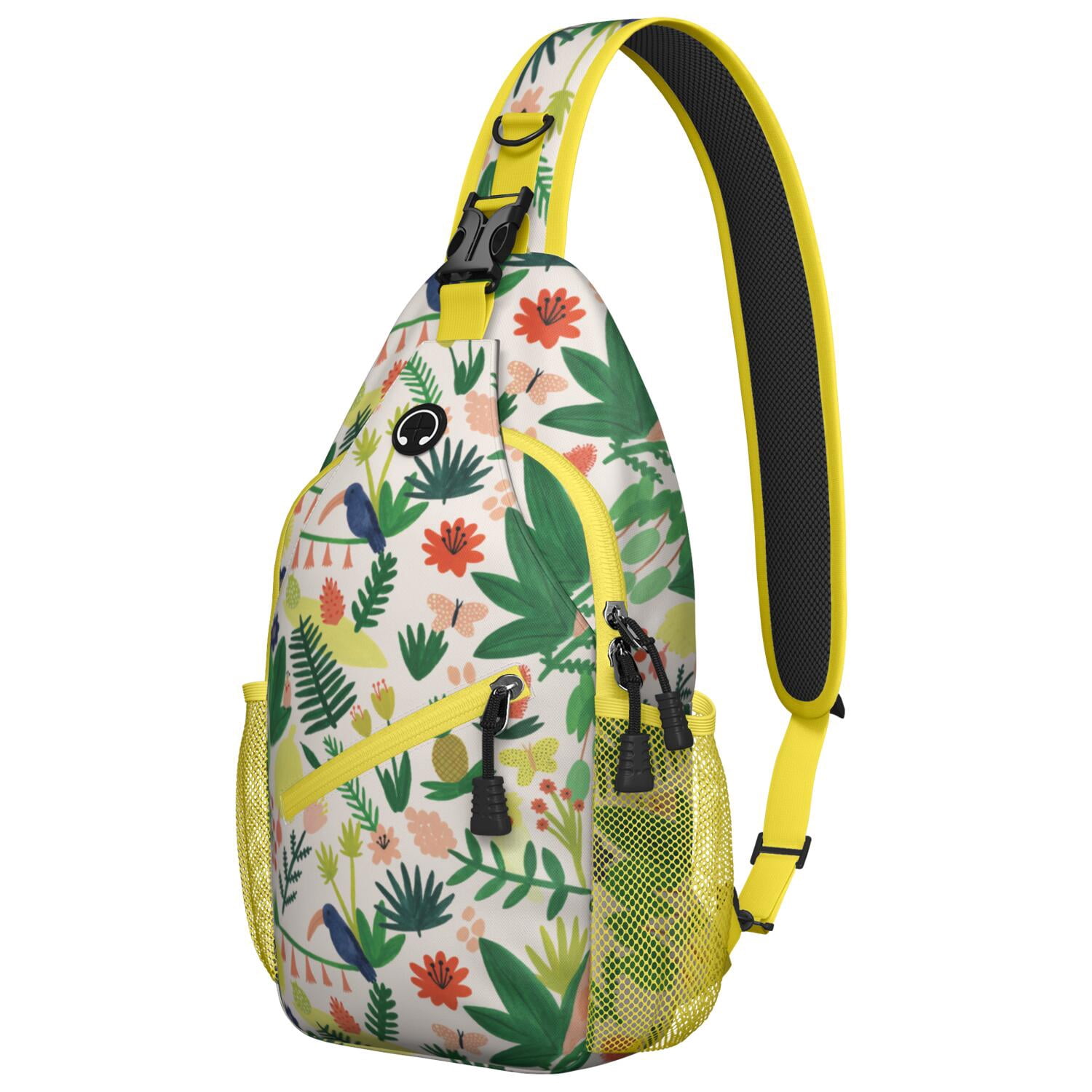 Palm Leaf and Exotic Floral Sling Bag - Breathable Crossbody Bag - Versatile Wear for Hiking, Beach, Casual Outings