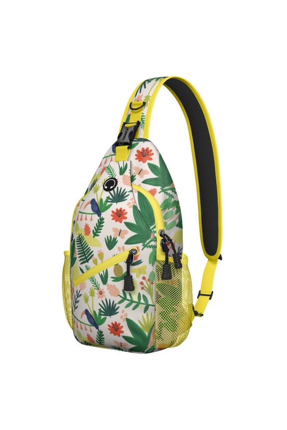 Palm Leaf and Exotic Floral Sling Bag - Breathable Crossbody Bag - Versatile Wear for Hiking, Beach, Casual Outings