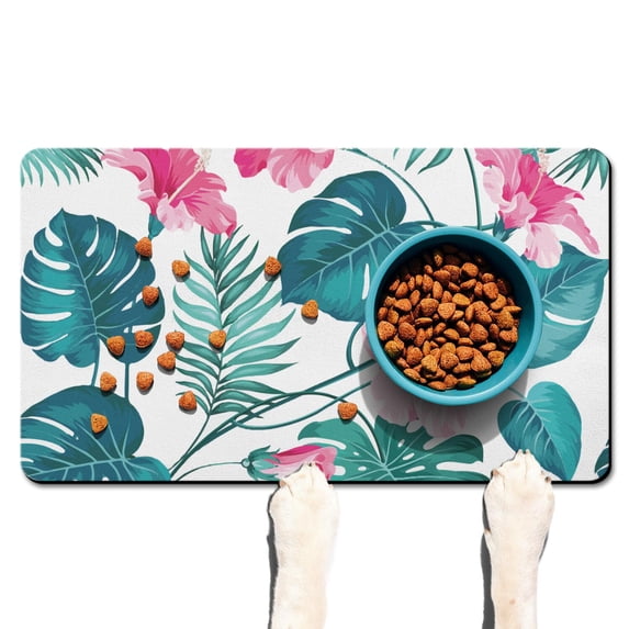 Palm Leaf and Exotic Flowers Dog Food Mat with Colorful Boho and Tropical Floral Patterns – Quick Dry, Durable Pet Feeding Mat for Summer Beach Areas