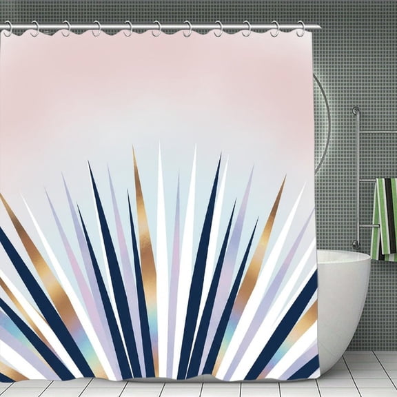 Palm Leaf in Navy Blue And Blush Pink Print Shower Curtain,Modern Fabric Waterproof Shower Curtain Set with Hooks 70.8×70.8Inch (180×180cm)