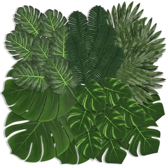 Palm Leaves, 108 Pcs 6 Kinds Artificial Palm Leaves Monstera Tropical Leaves Decor, Green Leaves for Jungle Hawaiian Luau Safari Party Table Wedding Birthday Theme Party Decorations