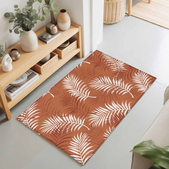Palm Leaves 2'x3' Rug for Entryway Front Door Kitchen Sink Area, Coastal Tropical Terracotta Palm Leaf Low Pile Washable Non Slip Rectangle Area Rug for Living Room