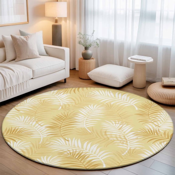 Palm Leaves 3' Round Rug for Bathroom Accent Bedside Corner, Coastal Tropical Gold Palm Leaf Washable Non Slip Circle Area Rug for Small Spaces for Living Room