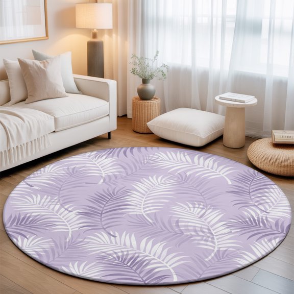 Palm Leaves 3' Round Rug for Bathroom Accent Bedside Corner, Coastal Tropical Purple Palm Leaf Washable Non Slip Circle Area Rug for Small Spaces for Living Room
