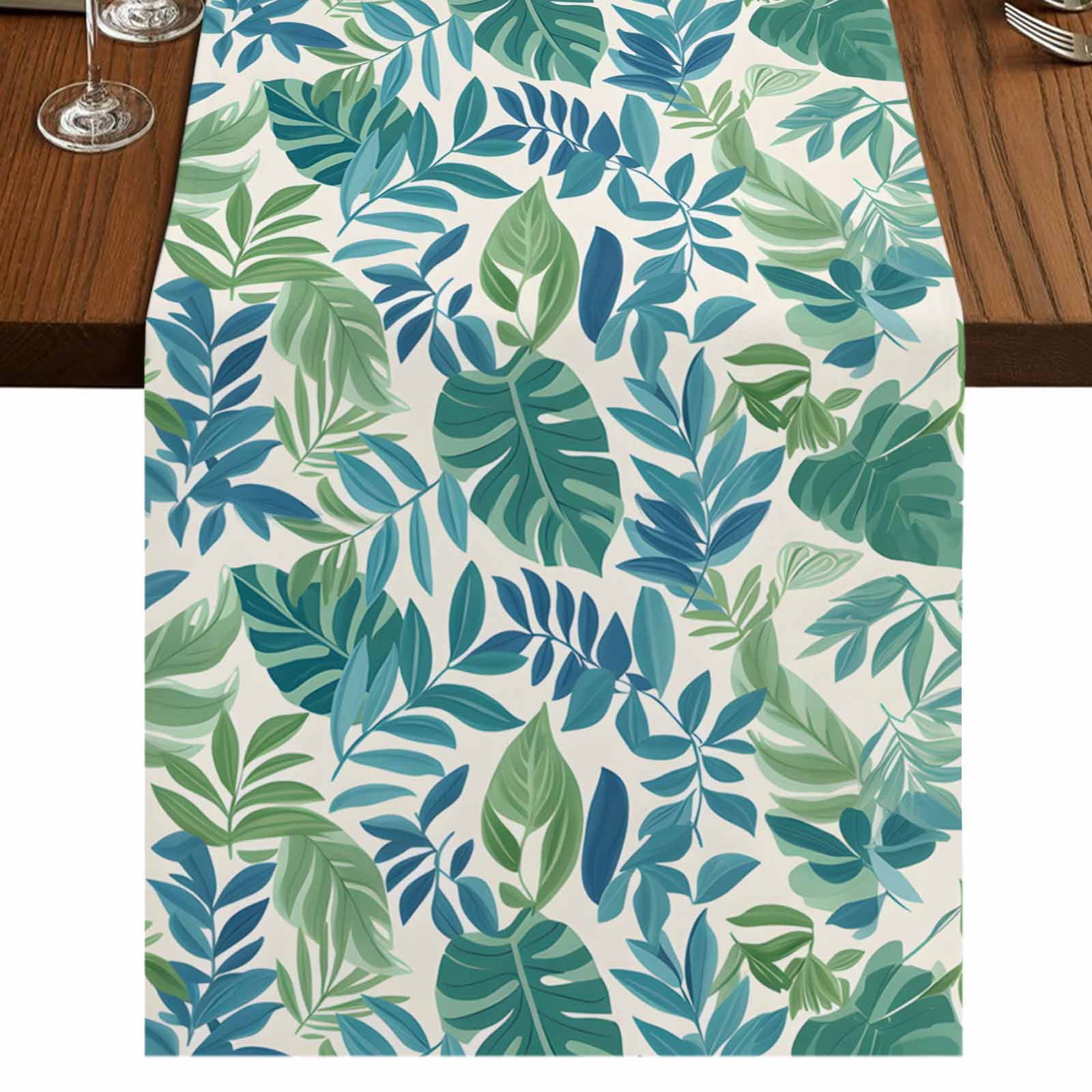 Palm Leaves 36 Inch Table Runner, Green Blue Tropical Plants Summer ...