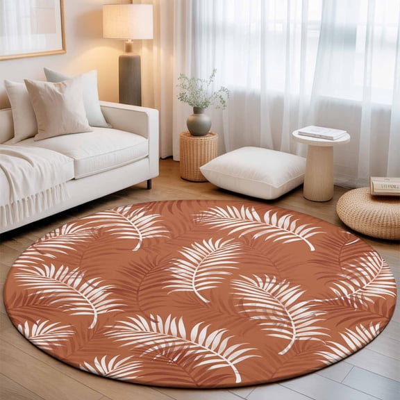 Palm Leaves 8' Round Rug for Open Concept Living Room Seating Zone, Coastal Tropical Terracotta Palm Leaf Washable Non Slip Large Circle Area Rug