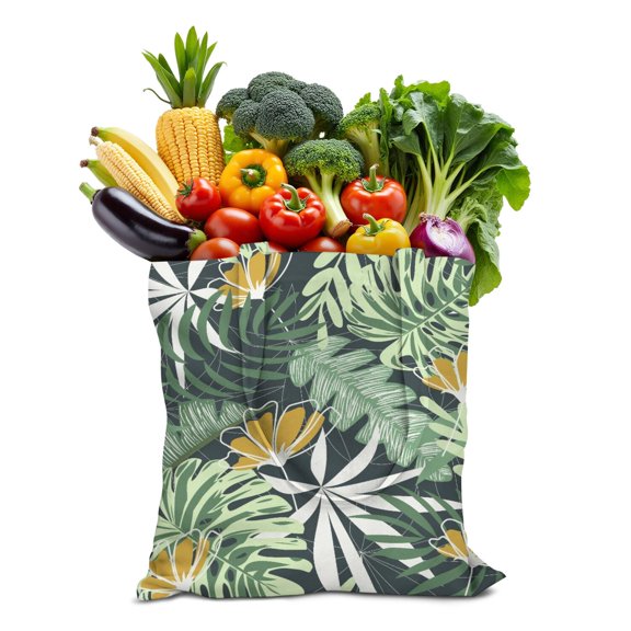 Palm Leaves Aloha Canvas Tote Bag, Reusable Summer Beach Vacation Handbag for Women, Lightweight Foldable Eco Bag with Tropical Floral Design