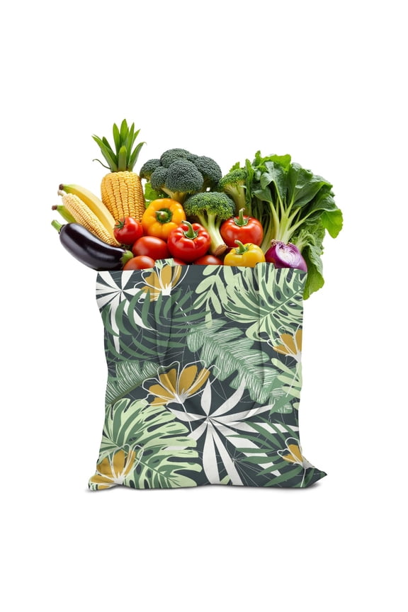 Palm Leaves Aloha Canvas Tote Bag, Reusable Summer Beach Vacation Handbag for Women, Lightweight Foldable Eco Bag with Tropical Floral Design