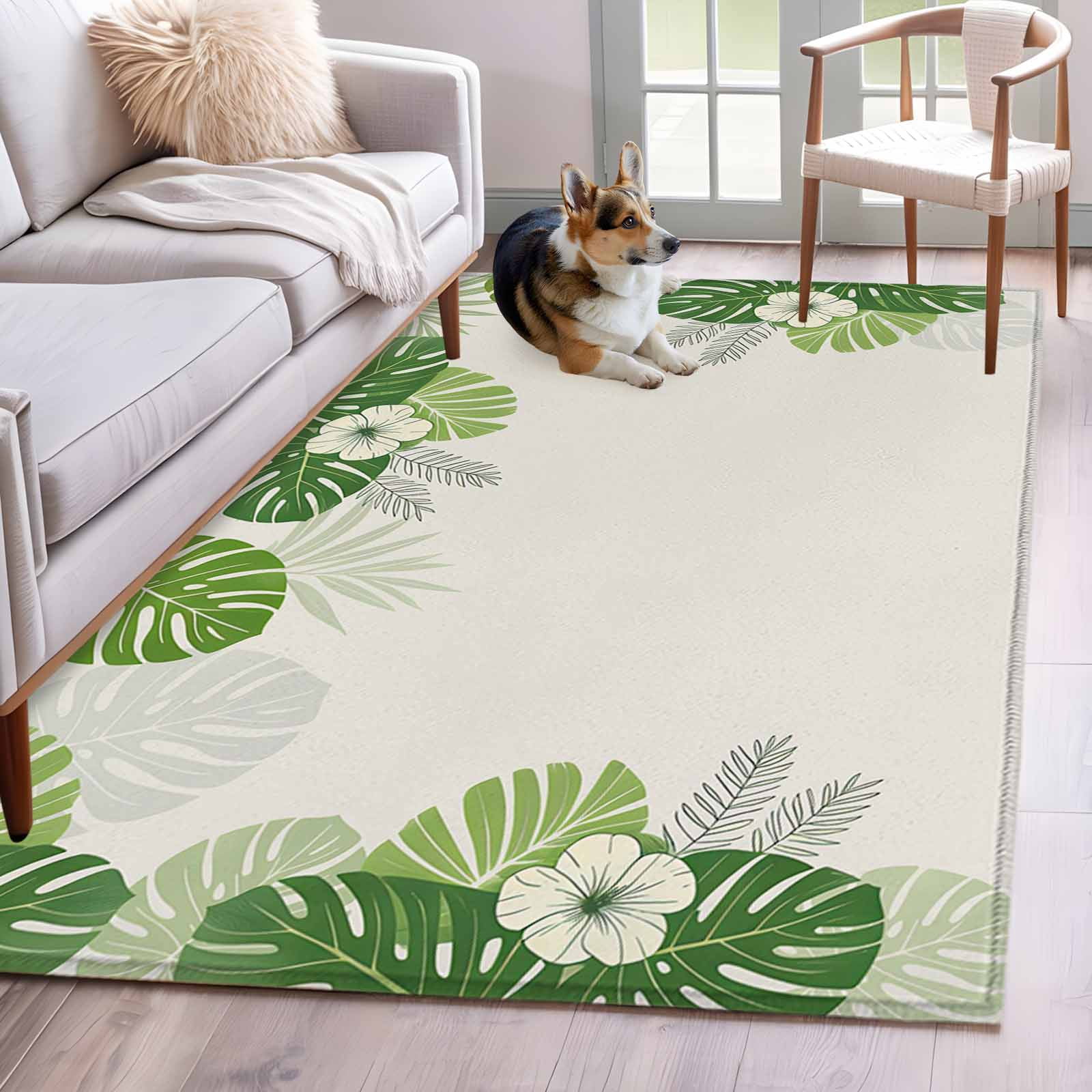 Palm Leaves Area Rugs 2.7'x5', Washable Small Throw Rugs for Kitchen Bedroom, Farmhouse Summer Tropical Leaf Flowers Indoor Outdoor Rug Non-Slip Low Pile Carpet Runner Reversible Floor Mats