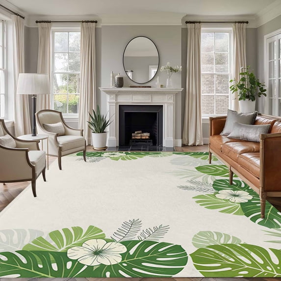 Palm Leaves Area Rugs 8'x10', Washable Small Throw Rugs for Living Room Patio, Farmhouse Summer Tropical Leaf Flowers Indoor Outdoor Rug Non-Slip Low Pile Carpet Runner Reversible Floor Mats