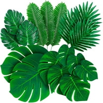 Palm Leaves Artificial Tropical Monstera-30PCS 6 Kinds Large Small Green Fake Palm Leaf with Stems for Safari Jungle Hawaiian Luau Party Table Decoration Wedding Birthday Theme Party