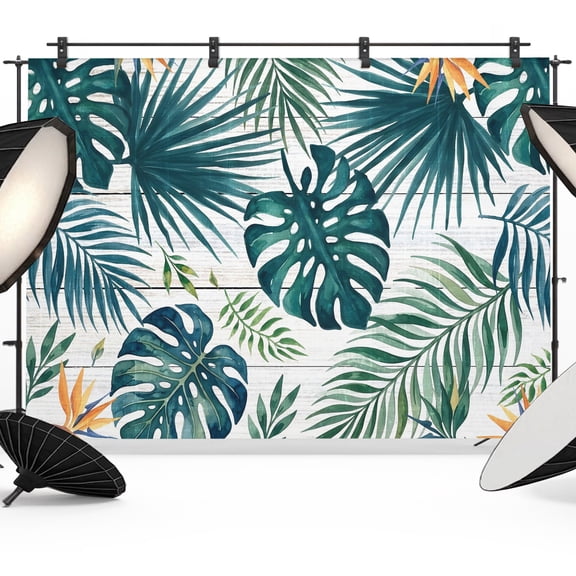 Palm Leaves Backdrop for Photography, Summer White Wood Grain Tropical Botanical Coastal Photo Backdrop Portrait Background Party Banner Photo Backgrounds for Studio Booth Props, 7x5ft