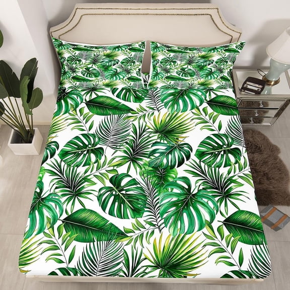 Palm Leaves Bed Sheets Hawaiian Sheet Set Monstera Banana Leaves Bedding Set Queen Size Summer Tropical Leaves Fitted Sheet for Living Room Bedroom Decor, Green White Flat Sheet
