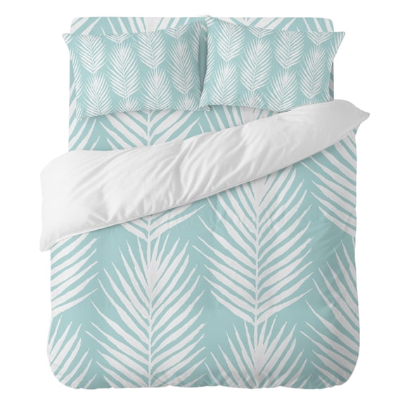Palm Leaves Bedding Duvet Cover Set Queen Size 4 Pieces, Summer Rustic Leaf Botanical Mint Teal Bedding Set with Zipper Closure, 1 Comforter Cover 90x90 Inches 1 Flat Sheet & 2 Pillow Cases