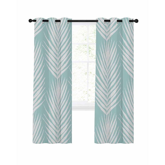 Palm Leaves Blackout Curtains for Bedroom Living Room, Summer Rustic Leaf Botanical Mint Teal 96 In Long Thermal Insulated Room Darkening Drapes Grommet Window Treatments, 52 x 96 In