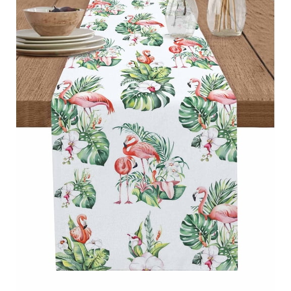Palm Leaves Burlap Cotton Table Runner 13x70 Inches Long, Tropical Flamingo Summer Green Flower Farmhouse Table Runners, Outdoor Dining Tablecloths Decor for Baby Shower/Party/Wedding