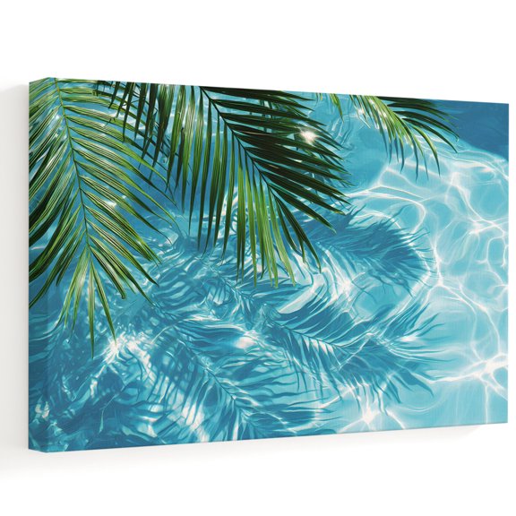 Palm Leaves Canvas Wall Art, Summer Pool Sunshine Water Ripples Wall Art Prints Artwork Framed Canvas Ready to Hang Art Pictures for Bathroom Bedroom Entry Desk Corner 10" x 8"