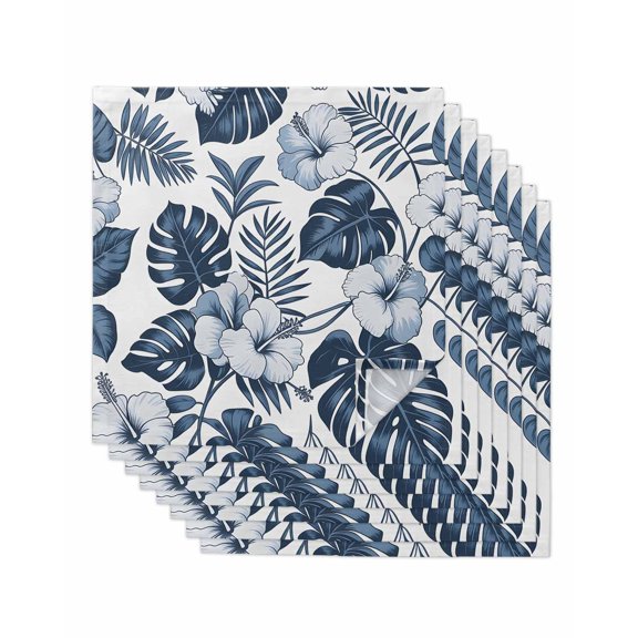 Palm Leaves Cloth Napkins Set of 8 Reusable Dinner Napkins, Vintage Summer Blue Tropical Flowers Plants Cocktail Napkin Washable Table Napkins for Wedding/Holiday Party/Baby Shower 20"x20"