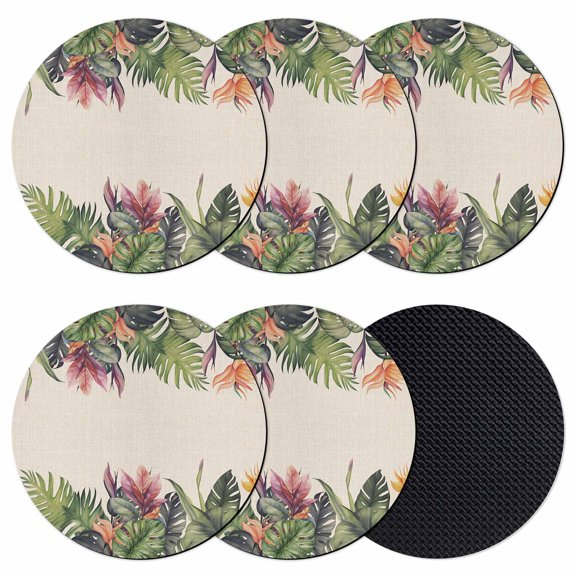 Palm Leaves Coasters Set of 6, Soft Absorbent Coasters for Drinks, Summer Botanical Tropical Plants Rustic Non-Slip Cup Coaster Mat with Rubber Bottom for Home Kitchen Desk Coffee Bar Table Decor 4"