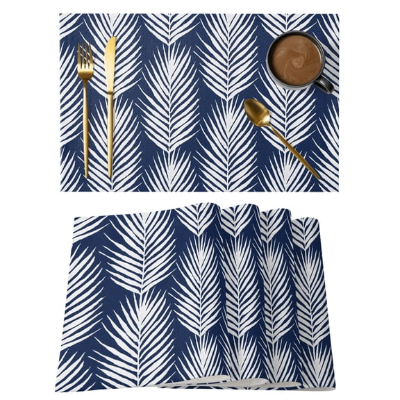 Palm Leaves Cotton Linen Placemats Set of 4, Summer Rustic Leaf Botanical Navy Blue Washable Table Place Mats Heat Insulating Placemat for Dining Room Kitchen Daily Use 13 x 19 Inch
