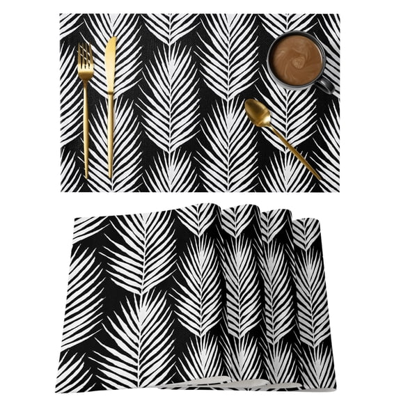 Palm Leaves Cotton Linen Placemats Set of 6, Summer Rustic Leaf Botanical Black Washable Table Place Mats Heat Insulating Placemat for Dining Room Kitchen Daily Use 13 x 19 Inch