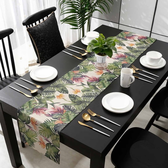 Palm Leaves Cotton Linen Table Runner 18 x 72 inch Summer Botanical Tropical Plants Rustic Non-slip Rectangular Dining Table Decor for Wedding Party Holiday Dinner