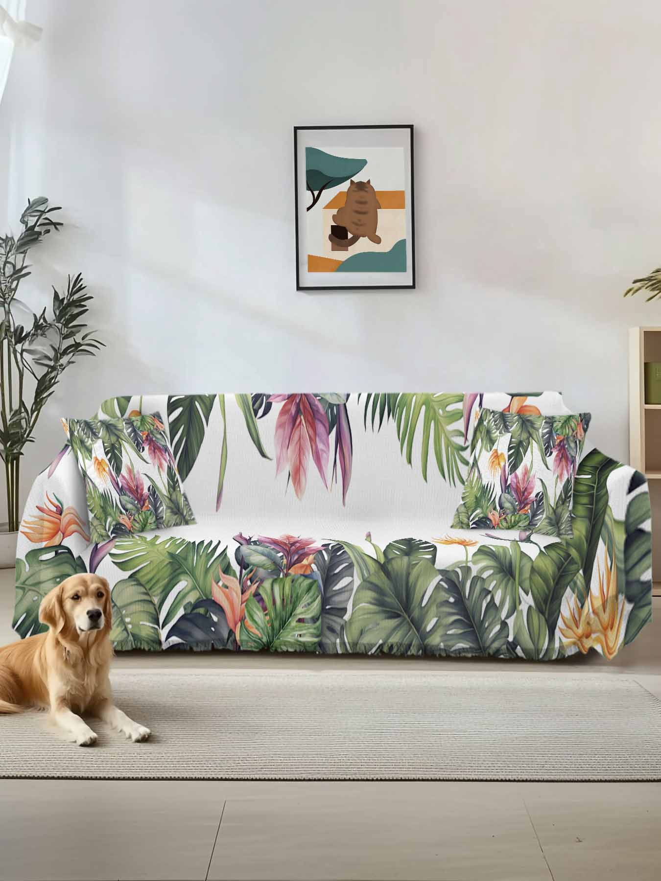 Palm Leaves Couch Cover, Summer Botanical Tropical Plants Sofa Cover Blanket for 3 Cushion Couch,Sectional Sofa Slipcover Furniture Protector for Living Room Bedroom 71''x134''