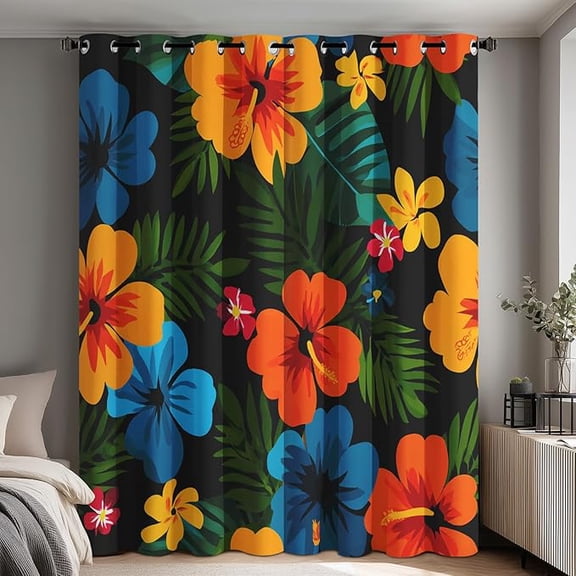 Palm Leaves Curtains for Living Room - Orange Blue Flower Blackout Drapes, Hibiscus Bedroom Decor, Thermal Insulated Grommet Window Panels 26"W x 45"L (Pack of 2)