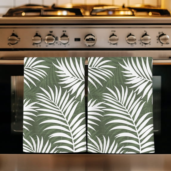Palm Leaves Dark Green Kitchen Towels Set of 3, Summer Botanical Coastal Tropical Absorbent Dish Towels for Kitchen, Microfiber Hand Towel, Quick Drying Tea Towel for Cleaning Decorative Dishcloths