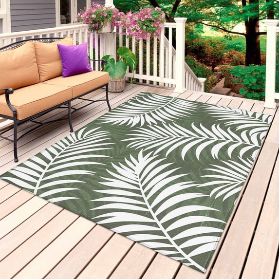 Palm Leaves Dark Green Outdoor Rug for Patio/Deck/Porch, Non-Slip Large Area Rug 4 x 6 Ft, Summer Botanical Coastal Tropical Indoor Outdoor Rugs Washable Area Rugs, Camping Rug Carpet Runner