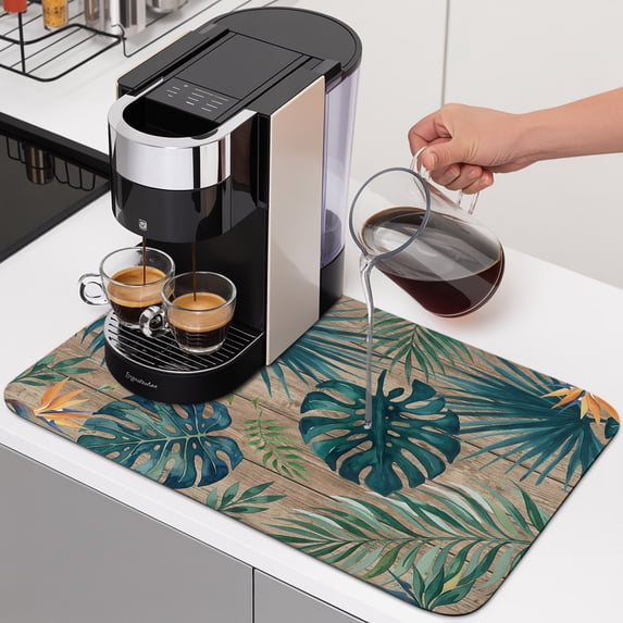 Palm Leaves Dish Drying Mats for Kitchen Counter, Summer Brown Wood Grain Tropical Botanical Absorbent Coffee Bar Mat with Non-slip Rubber Backed Quick Drying Dish Rack Pad 12"x16"
