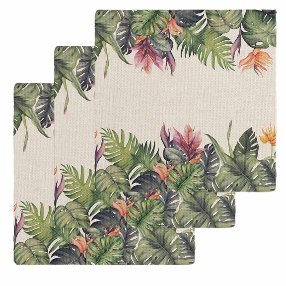 Palm Leaves Dish Towels Set, Waffle Weave Kitchen Towels 3 Pieces, Summer Botanical Tropical Plants Rustic Microfiber Hair Face Bath Tea Towel Absorbent Quick Drying Cleaning Dish Cloths 12"x12"
