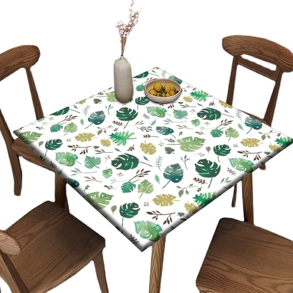 Palm Leaves Elastic Edge Fitted Square Tablecloth, Green Palm Leaves Polyester Table Cloth, for Kitchen Dining Party Patio Tabletop Decoration, 36(Square)