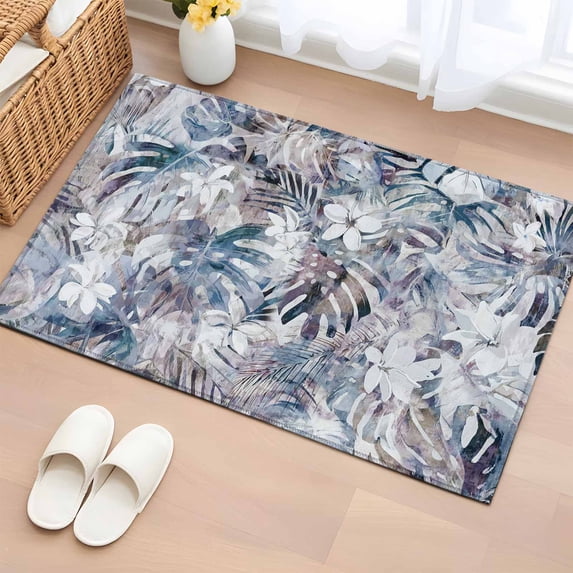 Palm Leaves Entryway Rug 2'x3' Non Slip Front Door Mats, Spring Tropical Leaf Botanical Vintage Blue Entrance Rugs Indoor Outdoor Carpet, Washable Floor Mats Small Area Rug for Bedroom Kitchen