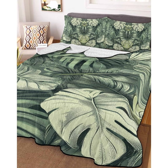 Palm Leaves Full Size Down Alternative Comforter, Lightweight Comforter Quilt Bedding Set with Pillow Shams Country Summer Botanical Tropical Plants All Seasons Bed Comforter Duvet Insert 78"x90"