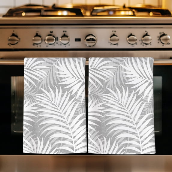 Palm Leaves Grey Kitchen Towels Set of 4, Summer Botanical Coastal Tropical Absorbent Dish Towels for Kitchen, Microfiber Hand Towel, Quick Drying Tea Towel for Cleaning Decorative Dishcloths