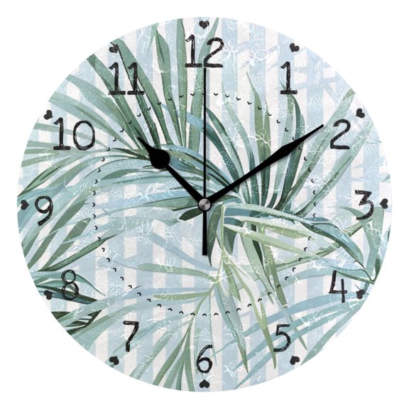 Palm Leaves Hand Painted Round Wall Clock Silent Analog Battery Operated Black Pointer Home Decor 9.84" Diameter