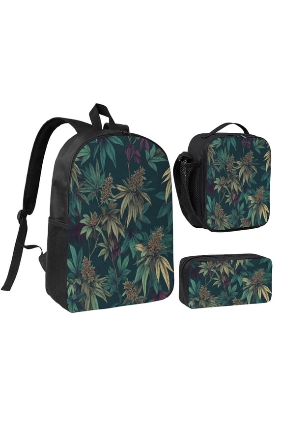 Palm Leaves Hibiscus Flowers Backpack 17 Inch Set with Lunch Bag and CaseDurableTravel Bag Combo for Work Commuting Daily Use
