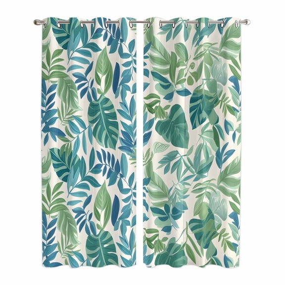 Palm Leaves Kitchen Curtains 84 Inch Length, Green Blue Tropical Plants Summer Country Grommet Top Bedroom Living Room Curtains, Light Filtering Cafe Curtain Drapes 2 Panels Set 84''x84''