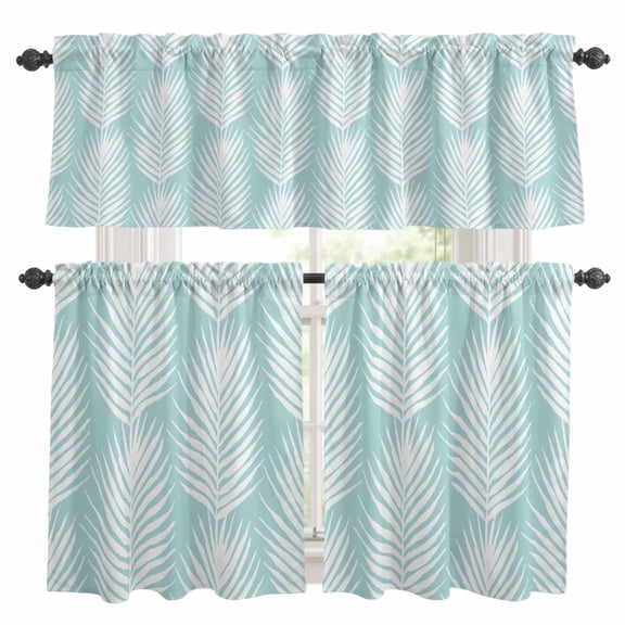 Palm Leaves Kitchen Curtains Valances 3 Piece Set, Summer Rustic Leaf Botanical Mint Teal Rod Pocket Tier Curtain and Valance Drapes for Small Window 24 Inch Length for Bedroom Cafe
