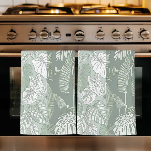 Palm Leaves Kitchen Towels Set of 3, Tropical Botanical Monstera Leaf Light Green Absorbent Dish Towels for Kitchen, Microfiber Hand Towel, Quick Drying Tea Towel for Cleaning Decorative Dishcloths