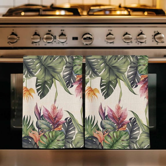 Palm Leaves Kitchen Towels Set of 4, Summer Botanical Tropical Plants Rustic Absorbent Dish Towels for Kitchen, Microfiber Hand Towel, Quick Drying Tea Towel for Cleaning Decorative Dishcloths