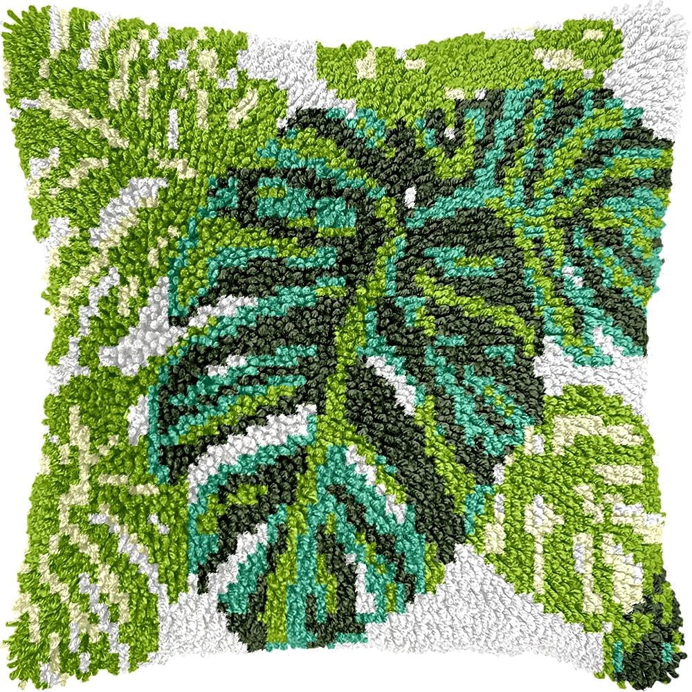 Palm Leaves Latch Hook Kits Pillow kits Cushion Throw Pillow Embroidery Craft Kits DIY Kits of DIY Hooking Pillowcase Cover Supplier with Color Printed Canvas 43x43cm (94)