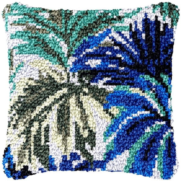 Palm Leaves Latch Hook Pillow Cover Kits for DIY Handmade Throw Pillow Cross Stitch Latch Hook Pillowcase Rug Kits with Preprinted Color Pattern Canvas Crochet Yarn Kits 17''X 17''(ys195)