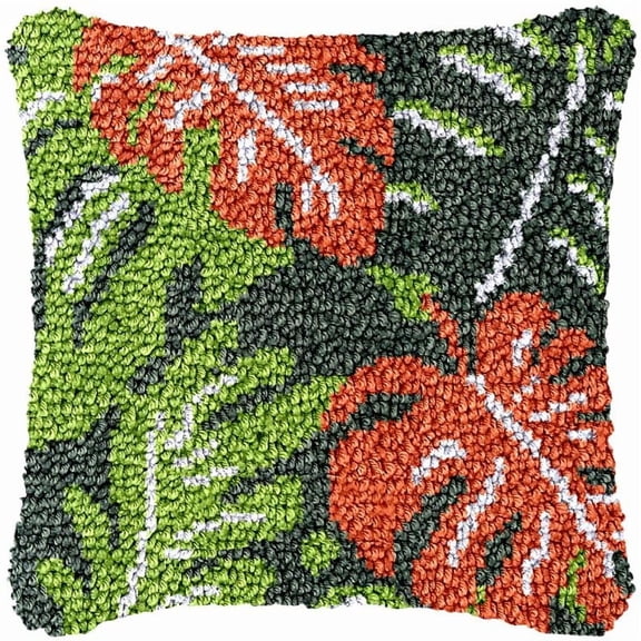 Palm Leaves Latch Hook Pillow Cover Kits for DIY Handmade Throw Pillow Cross Stitch Latch Hook Pillowcase Rug Kits with Preprinted Color Pattern Canvas Crochet Yarn Kits 17''X 17''(bs171)