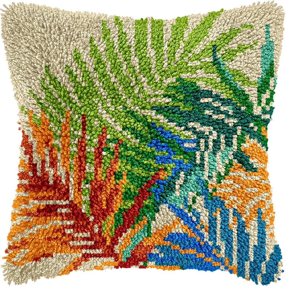 Palm Leaves Latch Hook Pillow Kits Pillow Cover Latch Hook Crafts Crochet Knitted Hooking Pillowcase Cushion Crafts Embroidery Latch Hooking Kits Material Set 17x17 inch(98)