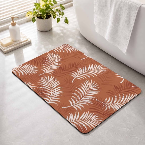 Palm Leaves Non Slip Bathroom Mat, Coastal Tropical Terracotta Palm Leaf Absorbent Bath Mat Rubber Backed Quick Dry Doormat Fit Under Door for Bathtub Shower Sink Kitchen 24"x36"