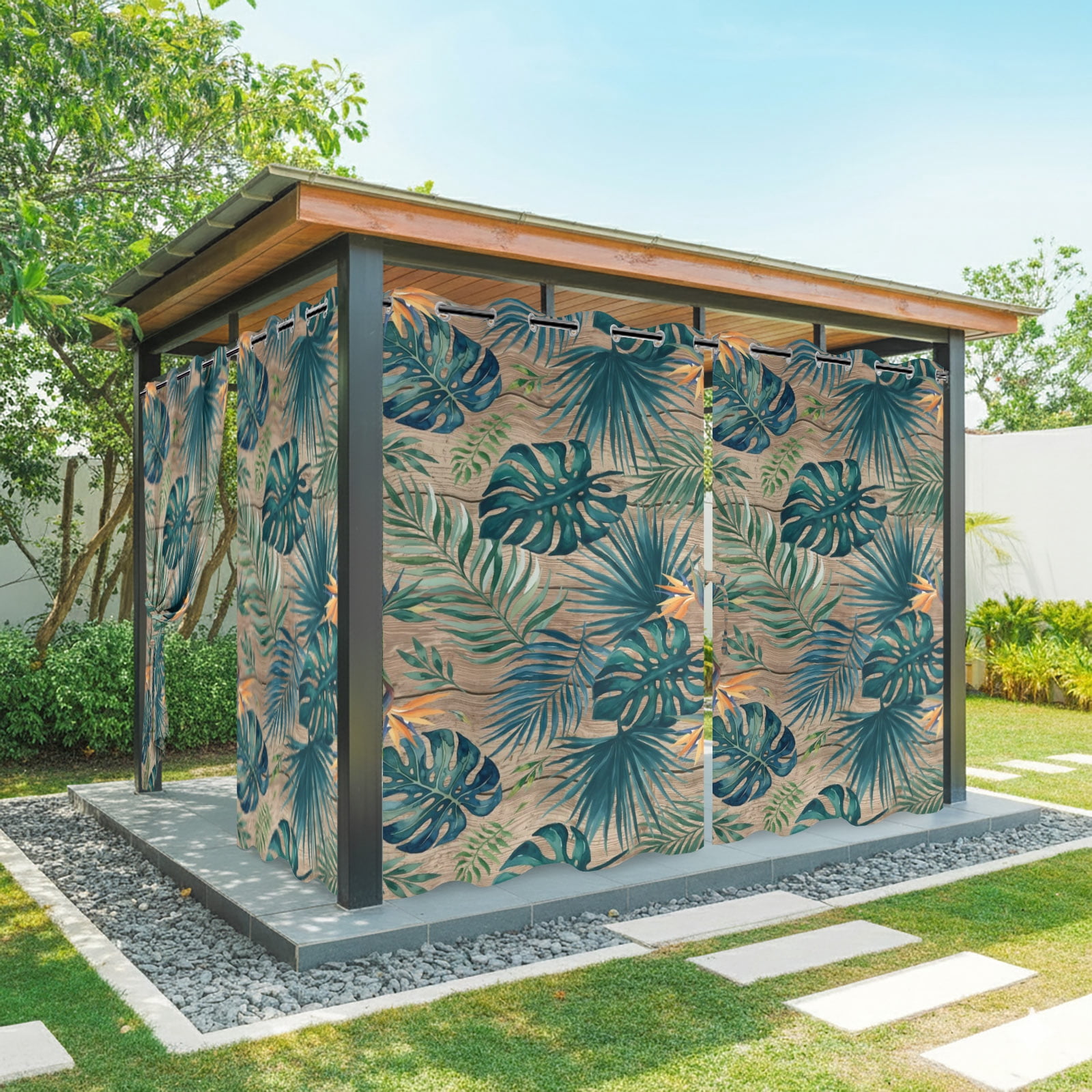 Palm Leaves Outdoor Curtains for Patio, Summer Brown Wood Grain Tropical Botanical Sunshade Privacy Drapes Grommet Waterproof Outside Curtains for Porch/Cabana/Balcony 54"x 108", 1 Panel